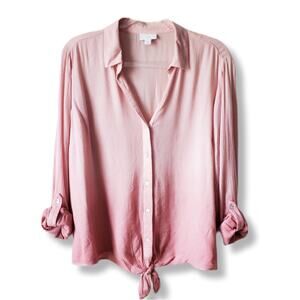 J Jill Women Ombre Pink Tie Front Button Shirt Top M Coastal Beach Casual NEW